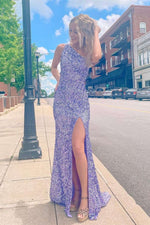 Stunning One Shoulder Lavender Sequins Long Prom Dress