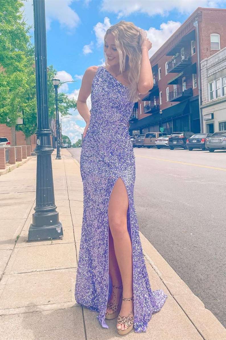 Stunning One Shoulder Lavender Sequins Long Prom Dress