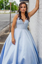 Stunning Light Sky Blue Beaded Long Prom Ball Gown