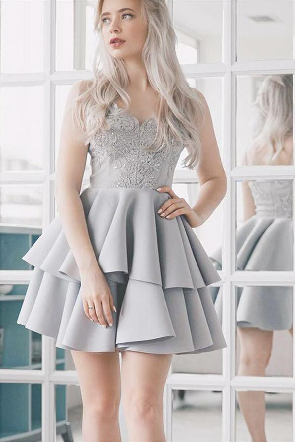 Cute Light Grey Tiered Short Homecoming Dress FancyVestido Cute Light Grey Tiered Short Homecoming Dress FancyVestido