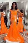 Off the Shoulder Orange Mermaid Long Prom Dress