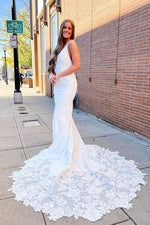 Mermaid V-Neck White Wedding Dress with Appliques
