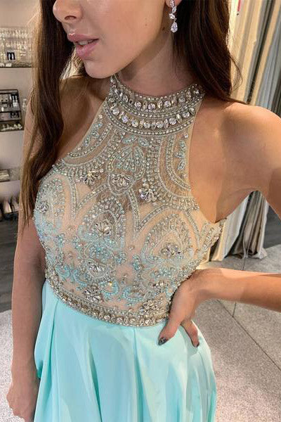 Halter A-Line Beaded Ice Blue Long Prom Dress with Split-Front