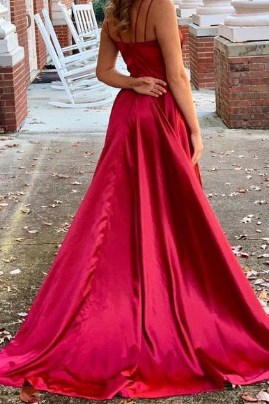 A-Line Long Red Prom Dress with Slit