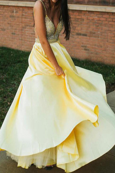 A-Line Spaghetti Straps Beaded Yellow Long Prom Dress