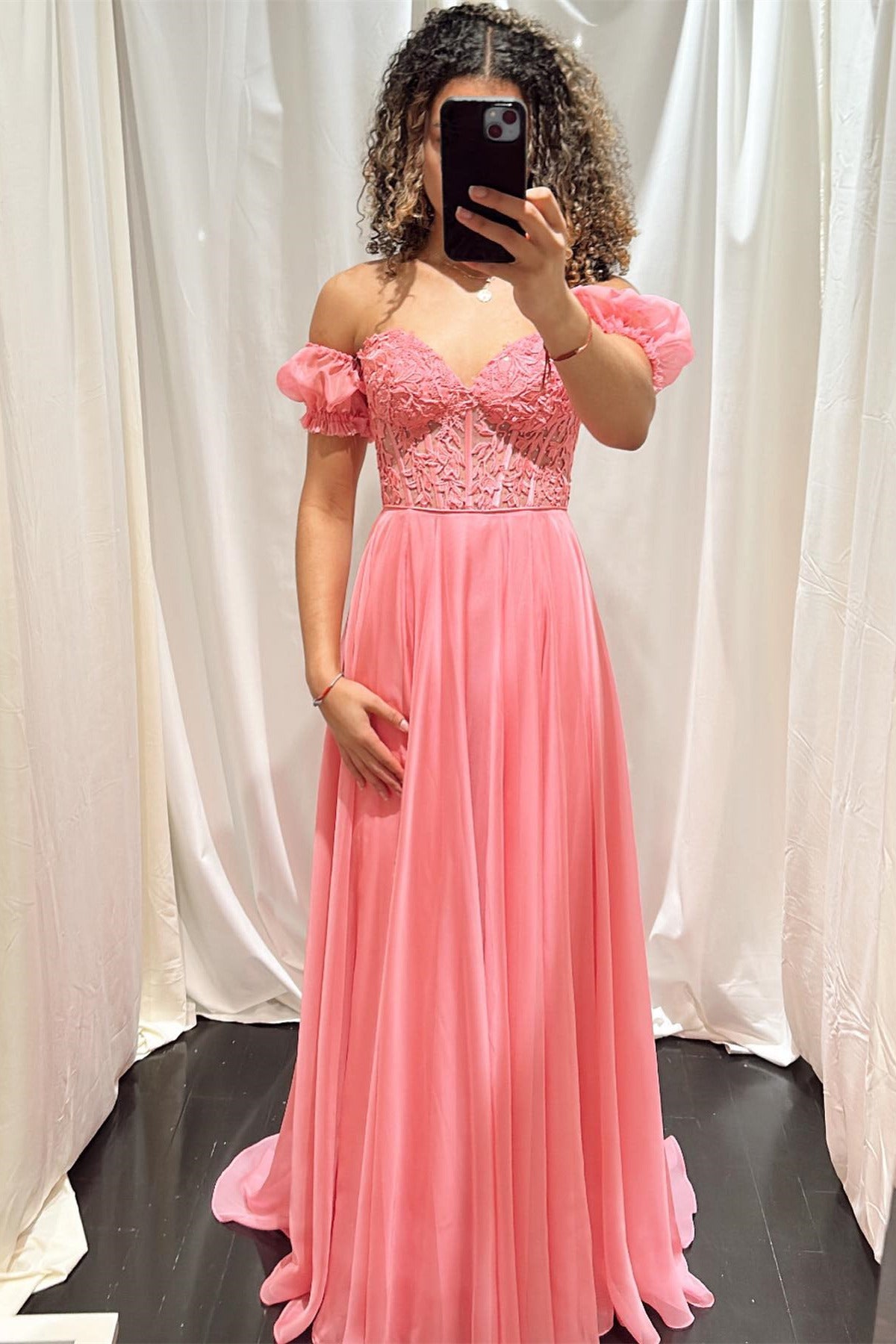 Off-Shoulder A-line Chiffon Applique Lace-Up Long Prom Dress