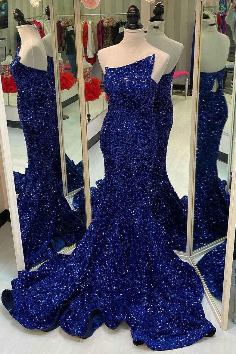 Strapless Royal Blue Sequins Mermaid Long Formal Dress FancyVestido Strapless Royal Blue Sequins Mermaid Long Formal Dress FancyVestido