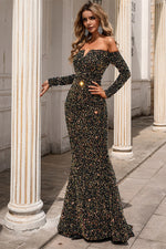 Glitter Gold Mermaid Evenging Dress with Long Sleeves