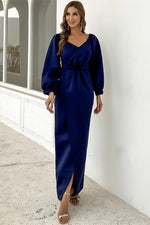 Elegant V-Neck Black Evening Dress with Puffy Sleeves