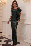 One Shoulder Dark Green Sequins Evening Dress