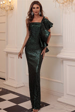 One Shoulder Dark Green Sequins Evening Dress