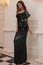 One Shoulder Dark Green Sequins Evening Dress