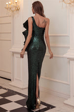 One Shoulder Dark Green Sequins Evening Dress