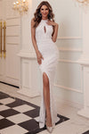 White Key Hole Mermaid Long Evening Dress with Slit