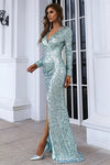 V-Neck Long Sequins Light Blue Evening Dress