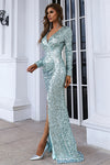 V-Neck Long Sequins Light Blue Evening Dress