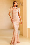 Off the Shoulder Gold Beaded Long Mermaid Evening Dress