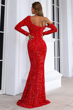 Asymmetrica Red Sequins Mermaid Evening Dress with Sleeves