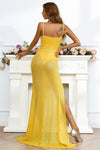 High Slit Yellow Sequined Long Evening Dress