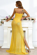 High Slit Yellow Sequined Long Evening Dress