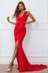 Elegant V-neck Red Satin Evening Dress with Front Slit
