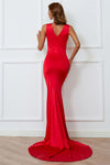 Elegant V-neck Red Satin Evening Dress with Front Slit