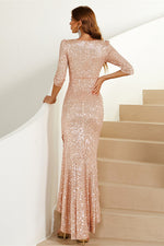Hi-Low Rose Gold V-Neck Long Evening Dress
