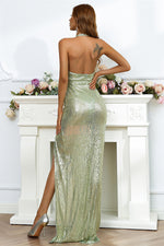 Sexy Halter Sage Green Sequined Evening Dress with Slit