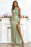 Sexy Halter Sage Green Sequined Evening Dress with Slit