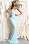 Straps Mermaid Light Blue Sequined Long Evening Dress