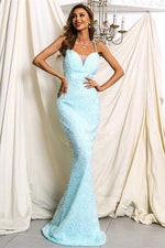 Straps Mermaid Light Blue Sequined Long Evening Dress