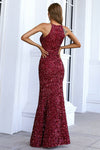 Burgundy Key Hole Sequins Long Evening Dress with Slit