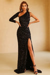 Assymmetrical Backless Black Sequins Long Evening Gown