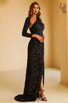 Assymmetrical Backless Black Sequins Long Evening Gown