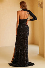 Assymmetrical Backless Black Sequins Long Evening Gown