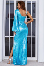 Blue Assymmetrical Neckline Evening Dress with Long Sleeve