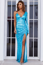 Blue Assymmetrical Neckline Evening Dress with Long Sleeve