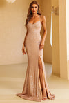 Tie Straps Gold Sequined Long Evening Dress