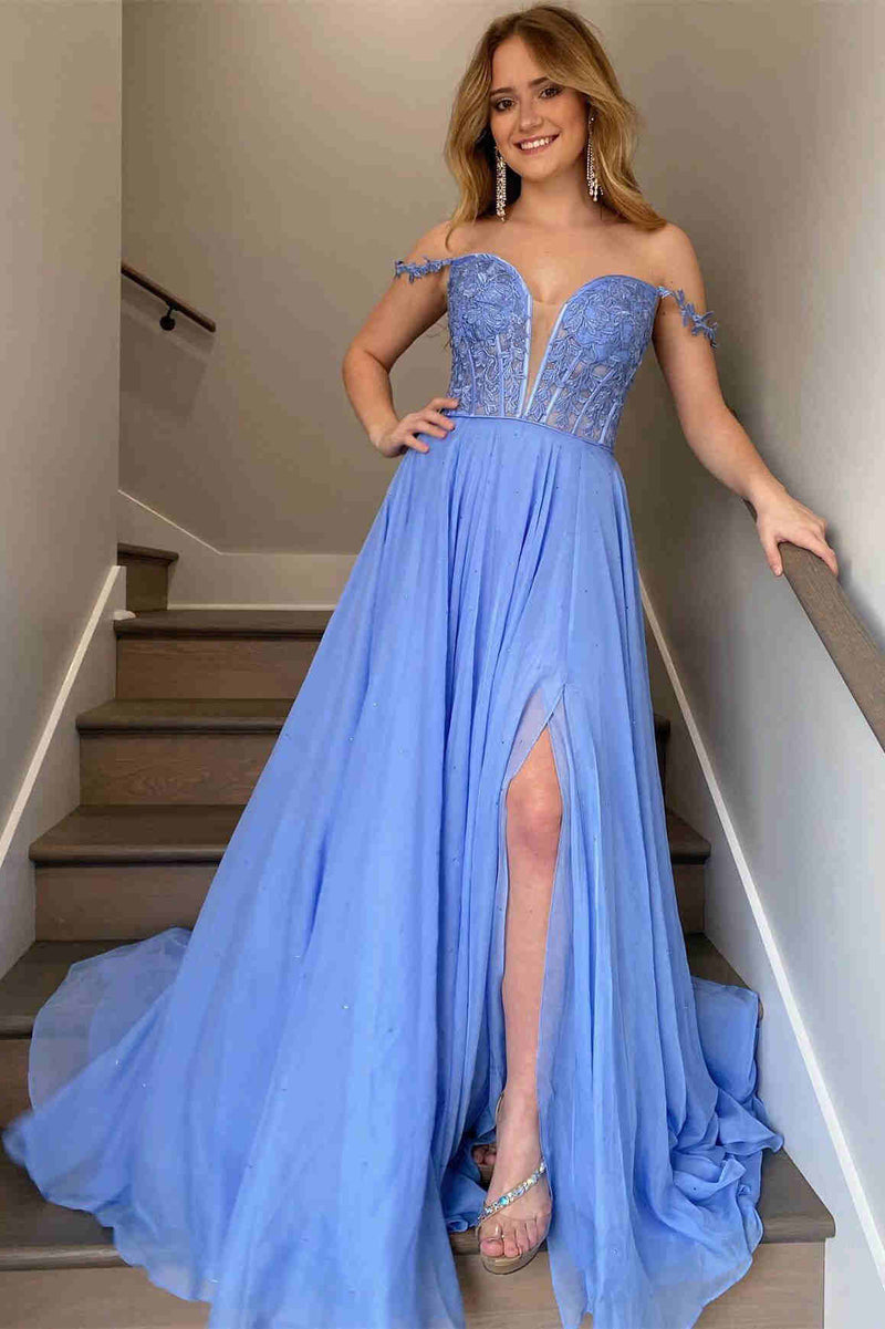 Elegant Blue Straps Long Prom Dress with Sheer Lace Bodice