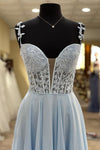Elegant Blue Straps Long Prom Dress with Sheer Lace Bodice