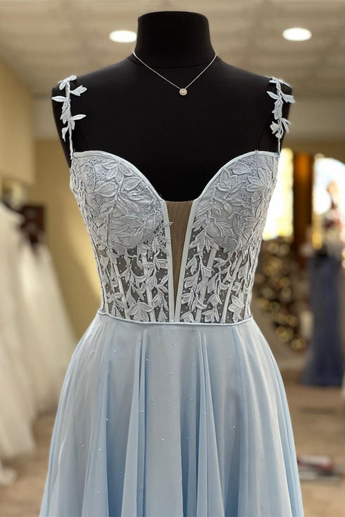 Elegant Blue Straps Long Prom Dress with Sheer Lace Bodice