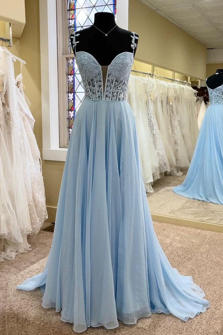 Elegant Blue Straps Long Prom Dress with Sheer Lace Bodice