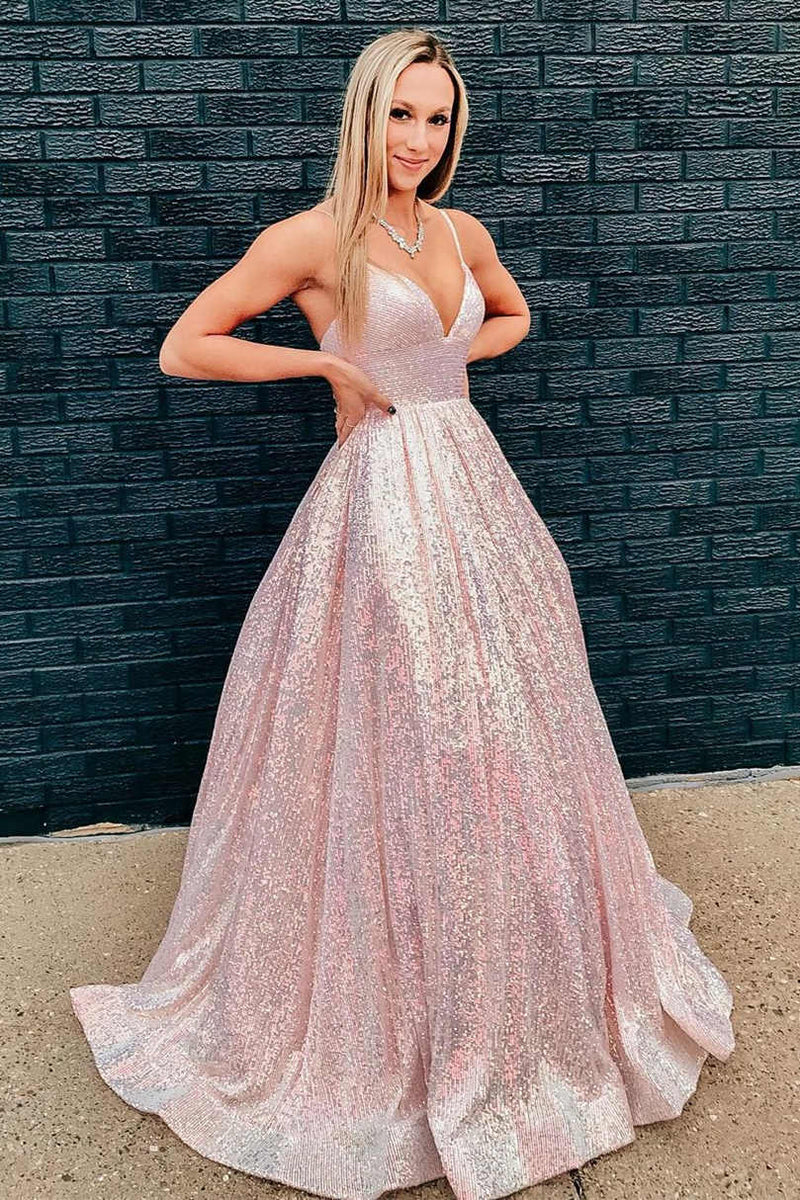 Stunning Pearl Pink Sequins A-Line Long Formal Dress