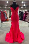 Mermaid Hot Pink Beaded Long Prom Dress with Straps