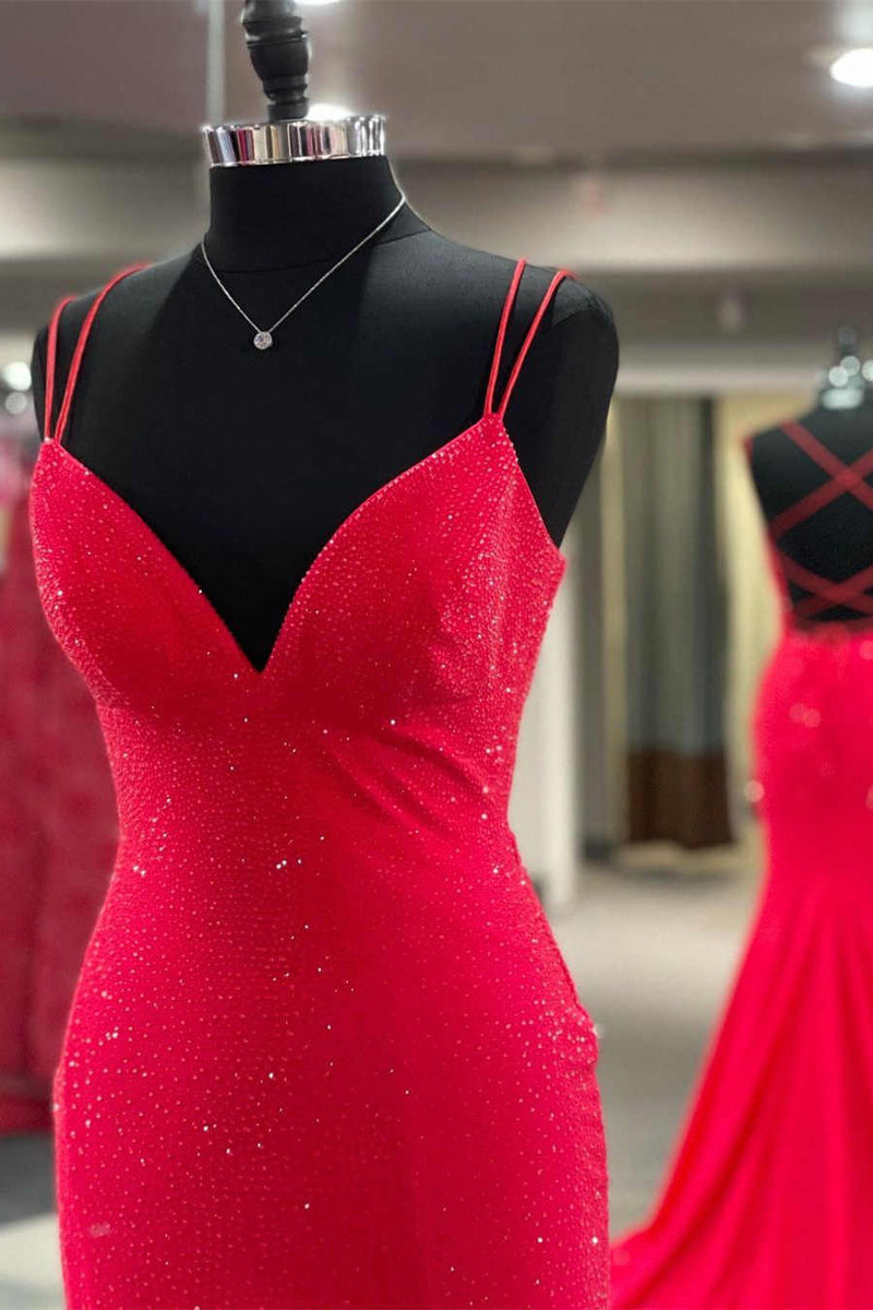Mermaid Hot Pink Beaded Long Prom Dress with Straps