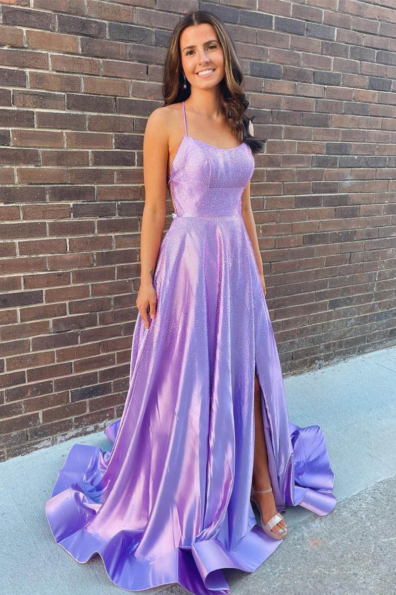 Elegant Lilac High Slit Long Prom Dress with Rhinestones