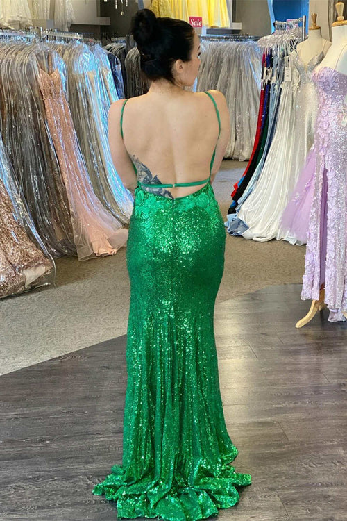 Elegan Green High Slit Long Prom Dress with Appliques