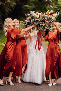 V-Neck Rust Long Bridesmaid Dress with Short Sleeves