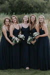 Simple Dark Navy V-Neck Long Bridesmaid Dress