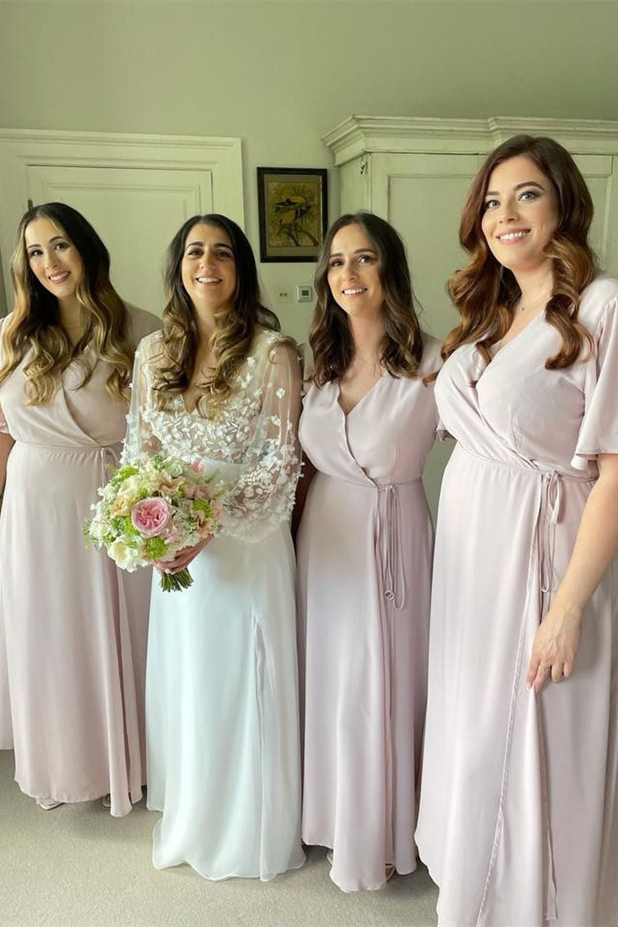 A-Line Pink Chiffon Bridesmaid Dress with Tie Belt  FancyVestido